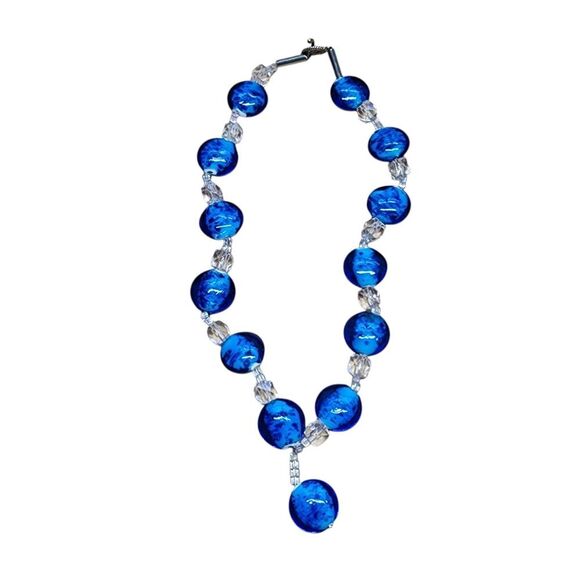 Blue & Clear Chunky Glass Necklace 23" - Picture 1 of 3